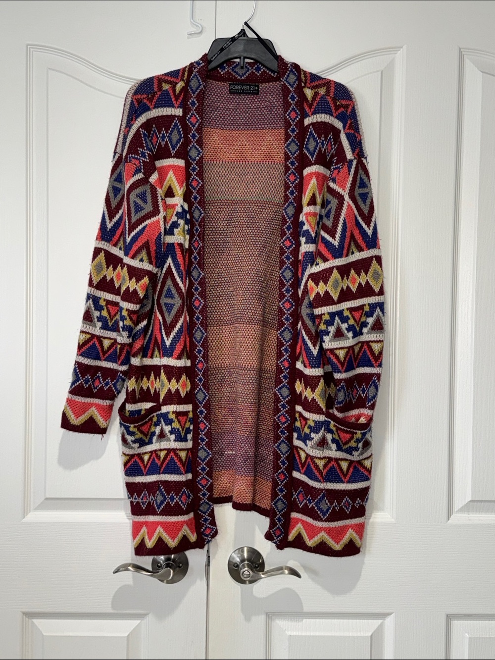 Forever 21+ Burgundy Multicolor Aztec Open Cardigan